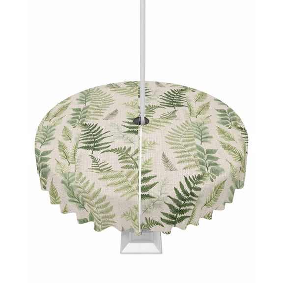 Hokiten Outdoor Tablecloths with Umbrella Hole & Zipper, Summer Botanical Round Tablecloth 54 Inch, Green Palm Leaves Vintage Waterproof Table Cloth, Patio/Pool/Picnic Table Covers