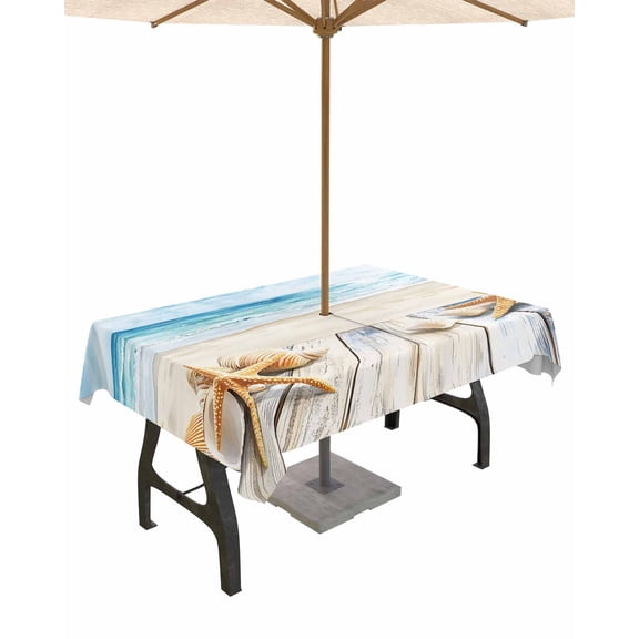 Hokiten Outdoor Tablecloths with Umbrella Hole & Zipper, Summer Coastal Rectangle Tablecloth 60x120 Inch, Watercolor Ocean Waves Seaside Starfish Waterproof Table Cloth, Patio/Pool Table Covers