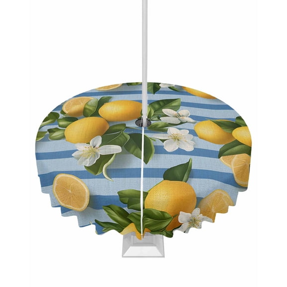 Hokiten Outdoor Tablecloths with Umbrella Hole & Zipper, Summer Lemon Round Tablecloth 54 Inch, Farmhouse Botanical Fruit Blue Striped Waterproof Table Cloth, Patio/Pool/Picnic Table Covers