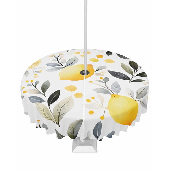 Hokiten Outdoor Tablecloths with Umbrella Hole & Zipper, Summer Lemon Round Tablecloths 60 Inch, Watercolor Fruit Grey Leaf Waterproof Table Cloth, Patio/Pool/Picnic Table Covers
