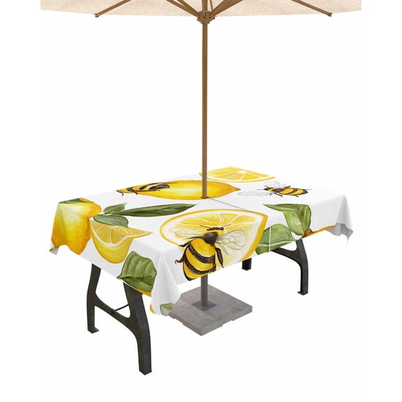 Hokiten Outdoor Tablecloths with Umbrella Hole & Zipper, Summer Lemon Tablecloth Rectangle 60x84 Inch, Bee Green Botanical Yellow Fruits Waterproof Table Cloth, Patio/Pool/Picnic Table Covers