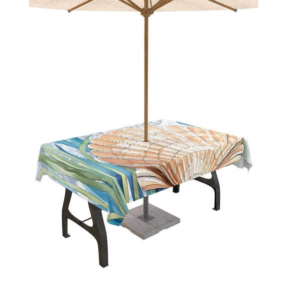 Hokiten Outdoor Tablecloths with Umbrella Hole & Zipper, Summer Nautical Rectangle Tablecloth 52x70 Inch, Ocean Watercolor Blue Green Plant Shell Waterproof Table Cloth, Patio/Pool Table Covers