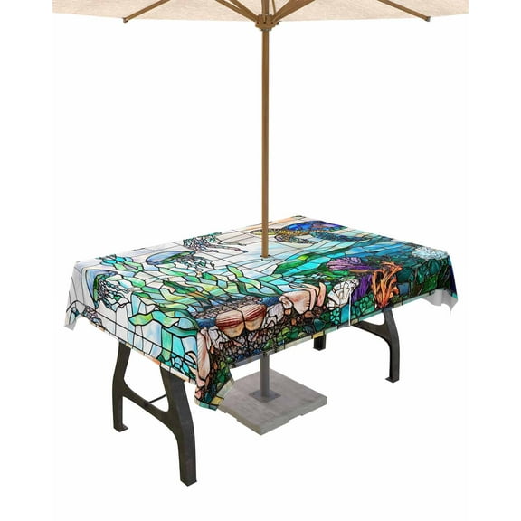 Hokiten Outdoor Tablecloths with Umbrella Hole & Zipper, Summer Sea Turtle Rectangle Tablecloth 60x120 Inch, Stained Glass Ocean Jellyfish Coral Waterproof Table Cloth, Patio/Pool Table Covers