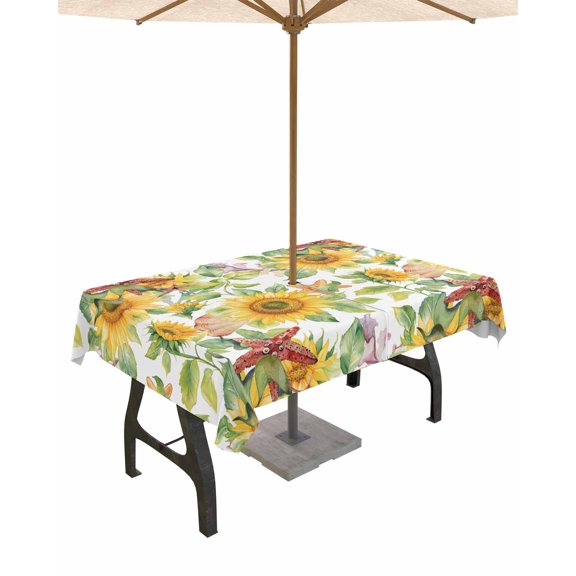Hokiten Outdoor Tablecloths with Umbrella Hole & Zipper, Summer Yellow Sunflower Rectangle Tablecloth 60x120 Inch, Green Leaves Starfish Country Waterproof Table Cloth, Patio/Pool Table Covers