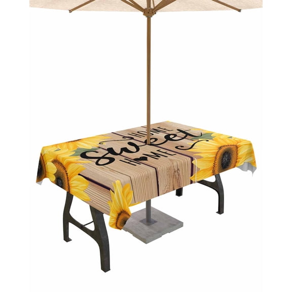 Hokiten Outdoor Tablecloths with Umbrella Hole & Zipper, Sunflower 54x80 Inch Tablecloth Rectangle, Farmhouse Country Flowers Vintage Wood Grain Waterproof Table Cloth, Patio/Pool Table Covers