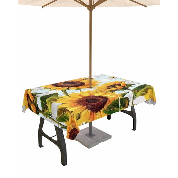 Hokiten Outdoor Tablecloths with Umbrella Hole & Zipper, Sunflower Bee Rectangle Tablecloth 60x120 Inch, Blue Striped Spring Farm Botanical Art Waterproof Table Cloth, Patio/Pool/Picnic Table Covers