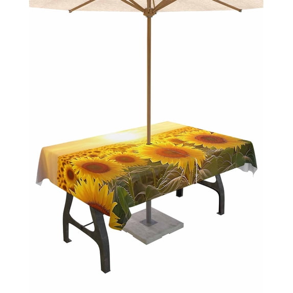 Hokiten Outdoor Tablecloths with Umbrella Hole & Zipper, Sunflower Field Tablecloth Rectangle 60x84 Inch, Summer Pastoral Rustic Botanical Floral Waterproof Table Cloth, Patio/Pool Table Covers