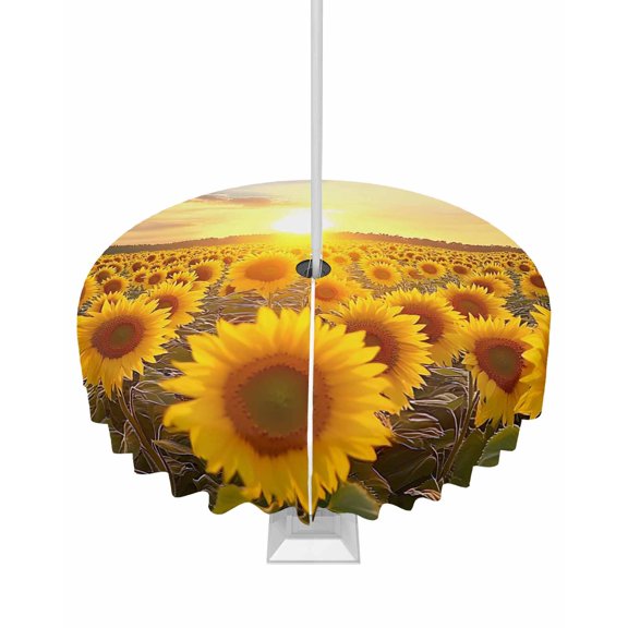 Hokiten Outdoor Tablecloths with Umbrella Hole & Zipper, Sunflowers Round Tablecloth 54 Inch, Farmhouse Natural Botanical Sunset Scenery Waterproof Table Cloth, Patio/Pool/Picnic Table Covers