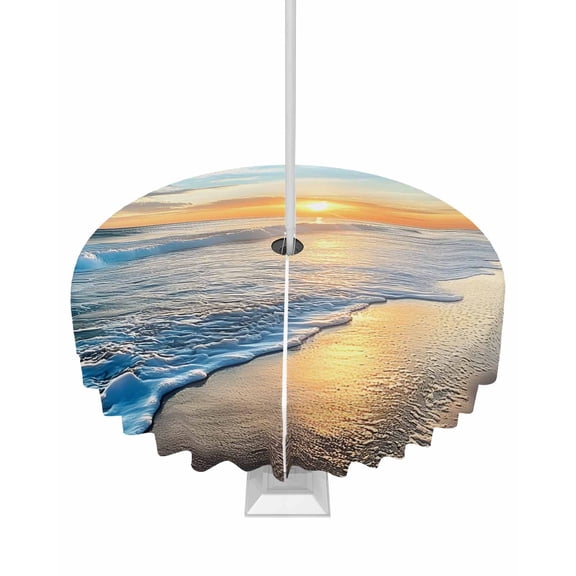 Hokiten Outdoor Tablecloths with Umbrella Hole & Zipper, Sunset Beach Round Tablecloth 54 Inch, Spray Ocean Waves Sky Nature Scenery Waterproof Table Cloth, Patio/Pool/Picnic Table Covers