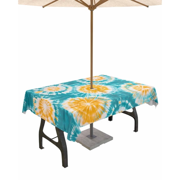 Hokiten Outdoor Tablecloths with Umbrella Hole & Zipper, Teal Orange Tie-Dye Rectangle Tablecloth 60x120 Inch, Ethnic Modern Abstract Watercolor Waterproof Table Cloth, Patio/Pool Table Covers