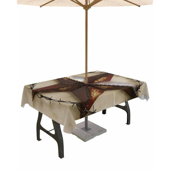 Hokiten Outdoor Tablecloths with Umbrella Hole & Zipper, Texas Star Rustic 60 x102 Inch Rectangle Tablecloths, Vintage Country Stars Abstract Waterproof Table Cloth, Patio/Pool/Picnic Table Covers