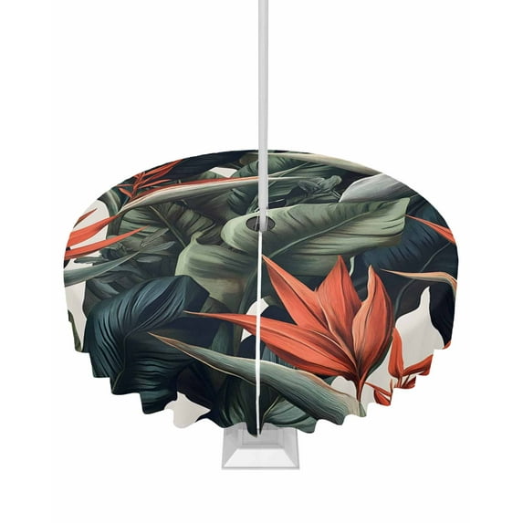 Hokiten Outdoor Tablecloths with Umbrella Hole & Zipper, Tropical Flowers Leaves Round Tablecloth 54 Inch, Rustic Summer Botanical Plants Waterproof Table Cloth, Patio/Pool/Picnic Table Covers