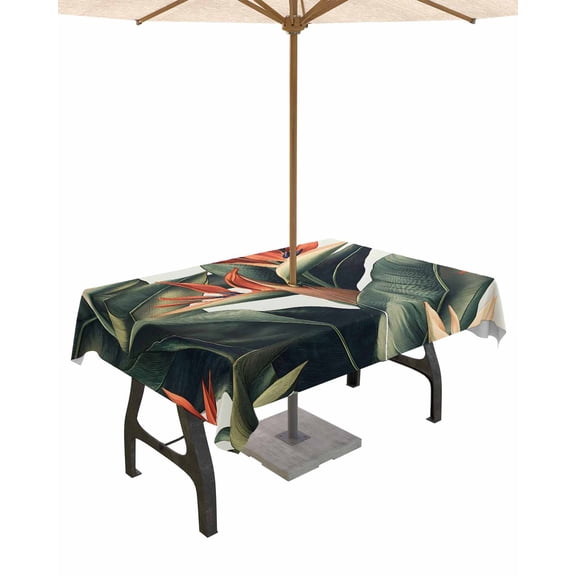 Hokiten Outdoor Tablecloths with Umbrella Hole & Zipper, Tropical Plant Rectangle Tablecloth 60x120 Inch, Summer Botanical Leaves Floral Country Waterproof Table Cloth, Patio/Pool Table Covers