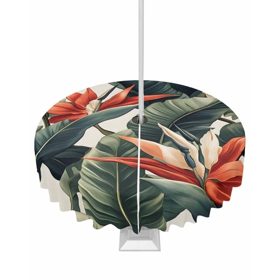 Hokiten Outdoor Tablecloths with Umbrella Hole & Zipper, Tropical Plant Round Tablecloth 54 Inch, Summer Botanical Flowers Leaves Country Waterproof Table Cloth, Patio/Pool/Picnic Table Covers