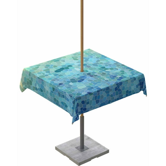 Hokiten Outdoor Tablecloths with Umbrella Hole & Zipper, Turquoise Blue Teal 60x60 Inch Square Tablecloths, Chic Stained Glass Texture Aesthetic Waterproof Table Cloth, Patio/Pool Table Covers