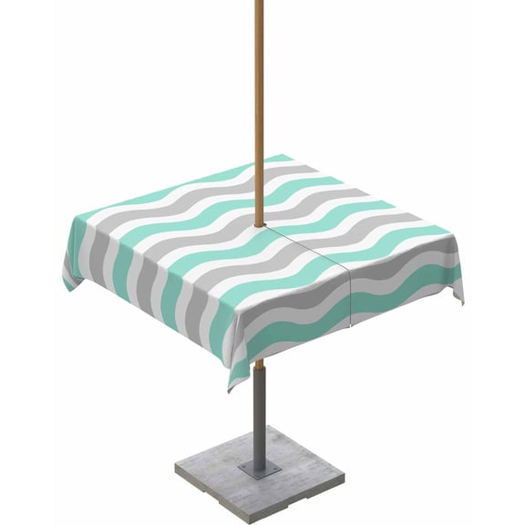 Hokiten Outdoor Tablecloths with Umbrella Hole & Zipper, Turquoise Grey White 54x54 Inch Square Tablecloths, Abstract Geometric Ocean Wave Stripe Waterproof Table Cloth, Patio/Pool Table Covers