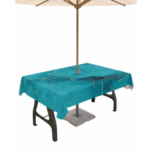 Hokiten Outdoor Tablecloths with Umbrella Hole & Zipper, Turquoise Marble Rectangle Tablecloth 60x120 Inch, Minimalist Abstract Golden Fluid Art Waterproof Table Cloth, Patio/Pool Table Covers