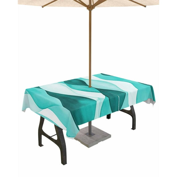 Hokiten Outdoor Tablecloths with Umbrella Hole & Zipper, Turquoise Stripes Rectangle Tablecloth 52x70 Inch, Vintage Farmhouse Ripple Texture Art Waterproof Table Cloth, Patio/Pool Table Covers