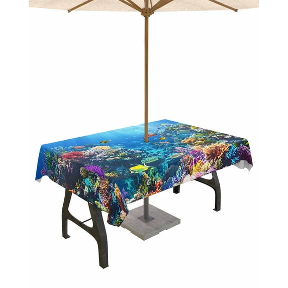 Hokiten Outdoor Tablecloths with Umbrella Hole & Zipper, Turtle Blue Tablecloth Rectangle 60x84 Inch, Ocean Coral Shark Fish Underwater Scenery Waterproof Table Cloth, Patio/Pool/Picnic Table Covers