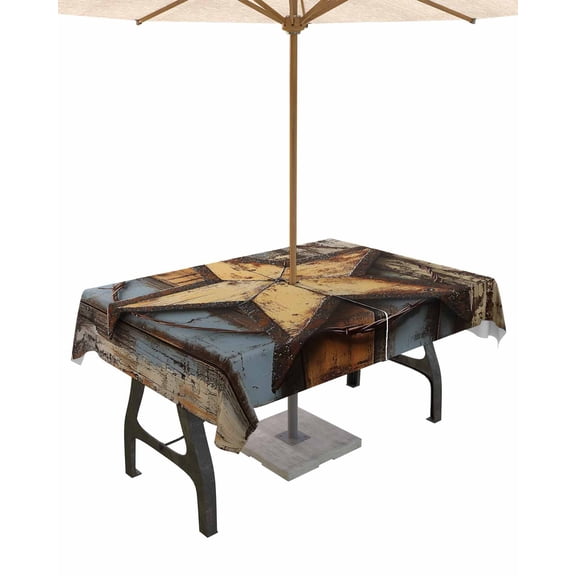 Hokiten Outdoor Tablecloths with Umbrella Hole & Zipper, Vintage Farmhouse Rectangle Tablecloth 52x70 Inch, Wooden Western Texas Star Pattern Waterproof Table Cloth, Patio/Pool/Picnic Table Covers