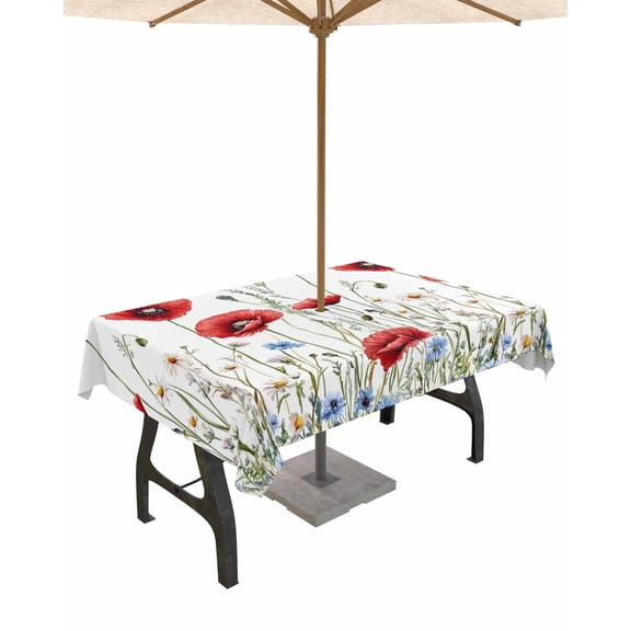 Hokiten Outdoor Tablecloths with Umbrella Hole & Zipper, Watercolor Flower Rectangle Tablecloth 60x120 Inch, Red Blue Poppy Flowers Daisy Summer Waterproof Table Cloth, Patio/Pool Table Covers