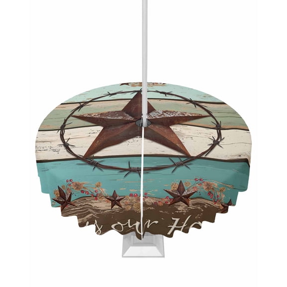 Hokiten Outdoor Tablecloths with Umbrella Hole & Zipper, West Texas Star Rustic Round Tablecloths 60 Inch, Farmhouse Teal Green Wood Plank Waterproof Table Cloth, Patio/Pool/Picnic Table Covers
