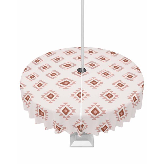 Hokiten Outdoor Tablecloths with Umbrella Hole & Zipper, White Boho Geometric Round Tablecloths 60 Inch, Modern Simple Aztec Ethnic Pattern Waterproof Table Cloth, Patio/Pool/Picnic Table Covers