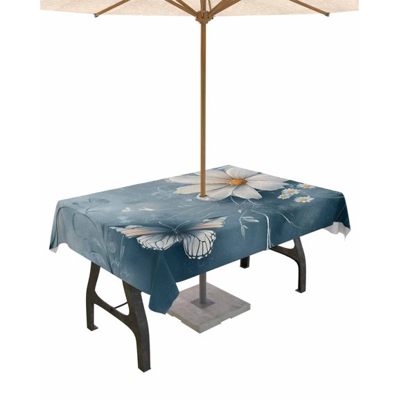 Hokiten Outdoor Tablecloths with Umbrella Hole & Zipper, White Daisy Flowers Rectangle Tablecloth 52x70 Inch, Pastoral Modern Butterfly Botanical Waterproof Table Cloth, Patio/Pool Table Covers