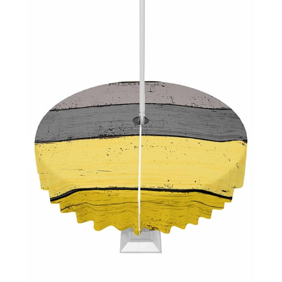 Hokiten Outdoor Tablecloths with Umbrella Hole & Zipper, Yellow Grey Round Tablecloths 60 Inch, Vintage Stripe Farmhouse Wood Grain Ombre Waterproof Table Cloth, Patio/Pool/Picnic Table Covers