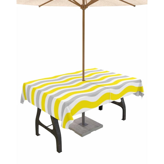 Hokiten Outdoor Tablecloths with Umbrella Hole & Zipper, Yellow Grey White Rectangle Tablecloth 60x120 Inch, Abstract Geometric Ocean Wave Stripe Waterproof Table Cloth, Patio/Pool Table Covers