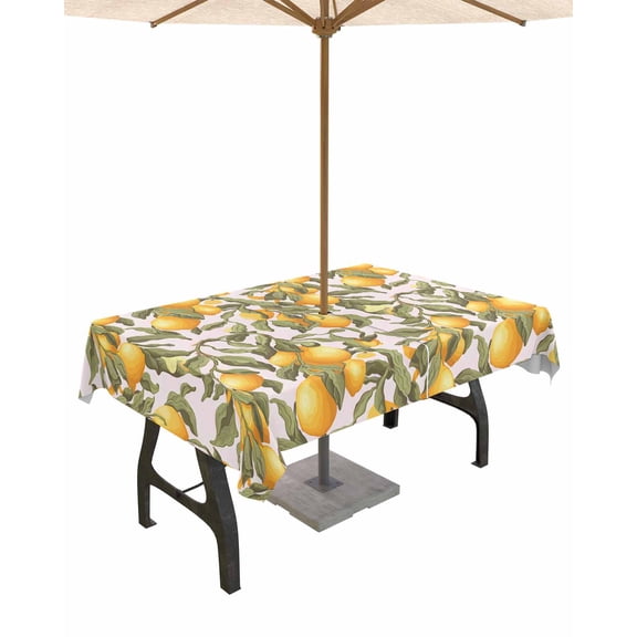 Hokiten Outdoor Tablecloths with Umbrella Hole & Zipper, Yellow Lemon Rectangle Tablecloth 60x120 Inch, Green Leaves Fruit Branch Pastoral Farm Waterproof Table Cloth, Patio/Pool/Picnic Table Covers