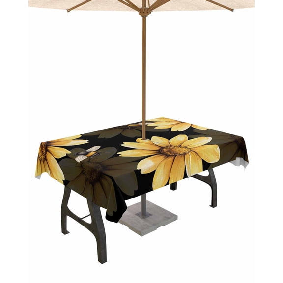 Hokiten Outdoor Tablecloths with Umbrella Hole & Zipper, Yellow Sunflower Tablecloth Rectangle 60x84 Inch, Summer Bee Black Abstract Botanical Waterproof Table Cloth, Patio/Pool/Picnic Table Covers