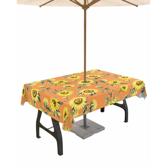 Hokiten Outdoor Tablecloths with Umbrella Hole & Zipper, Yellow Sunflowers Rectangle Tablecloth 60x120 Inch, Spring Flowers Leaves Retro Country Waterproof Table Cloth, Patio/Pool Table Covers