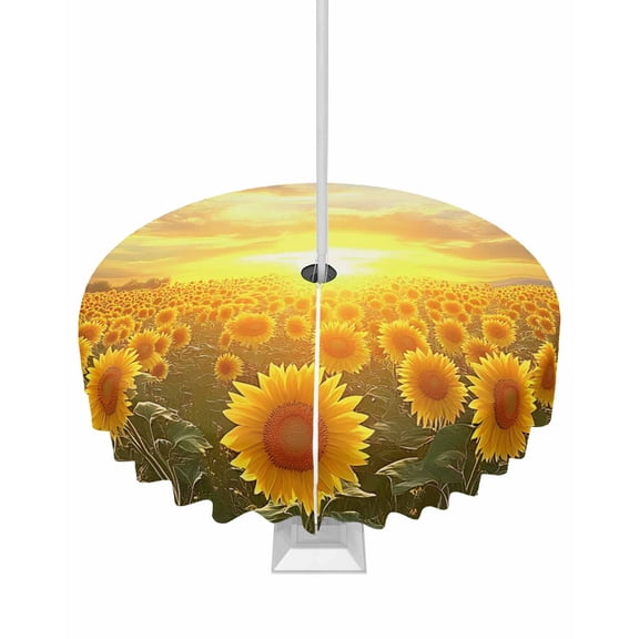 Hokiten Outdoor Tablecloths with Umbrella Hole & Zipper, Yellow Sunflowers Round Tablecloth 54 Inch, Farmhouse Botanical Floral Sunset Waterproof Table Cloth, Patio/Pool/Picnic Table Covers