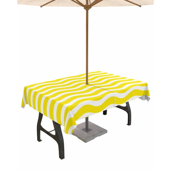 Hokiten Outdoor Tablecloths with Umbrella Hole & Zipper, Yellow White 54x80 Inch Tablecloth Rectangle, Modern Abstract Waves Water Ripple Striped Waterproof Table Cloth, Patio/Pool Table Covers
