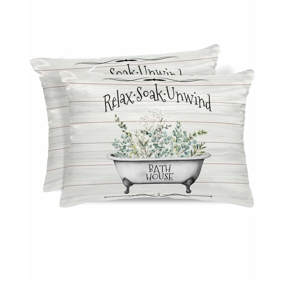 Hokiten Pillow Cases Queen Size Set of 2, Couch Pillow Covers, Bathtub Eucalyptus Leaves Satin Pillowcases with Zipper for Hair/Skin, Pillow Protector Cover, Farmhouse Botanical Wooden 20x30 Inches