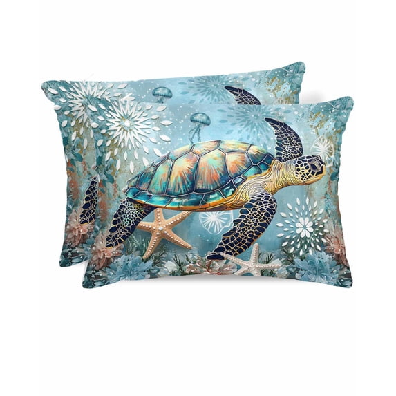 Hokiten Pillow Cases Queen Size Set of 2, Couch Pillow Covers, Coastal Sea Turtle Satin Pillowcases with Zipper for Hair/Skin, Vintage Teal Nautical Beach Botanical 20x30 Inches