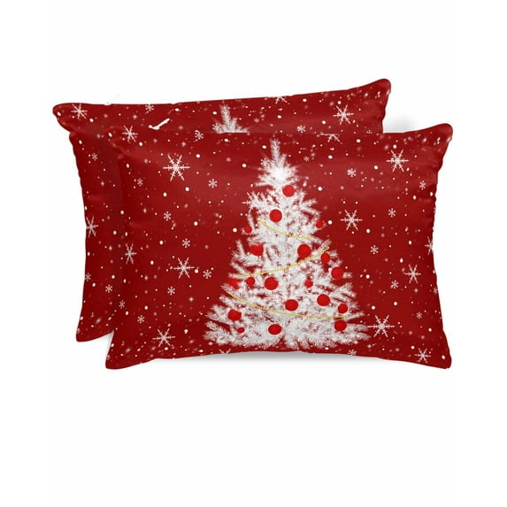 Hokiten Pillow Cases Queen Size Set of 2, Couch Pillow Covers, Red Christmas Tree Satin Pillowcases with Zipper for Hair/Skin, Pillow Protector Cover, Winter Balls Snowflake Xmas Tree 20x30 Inches