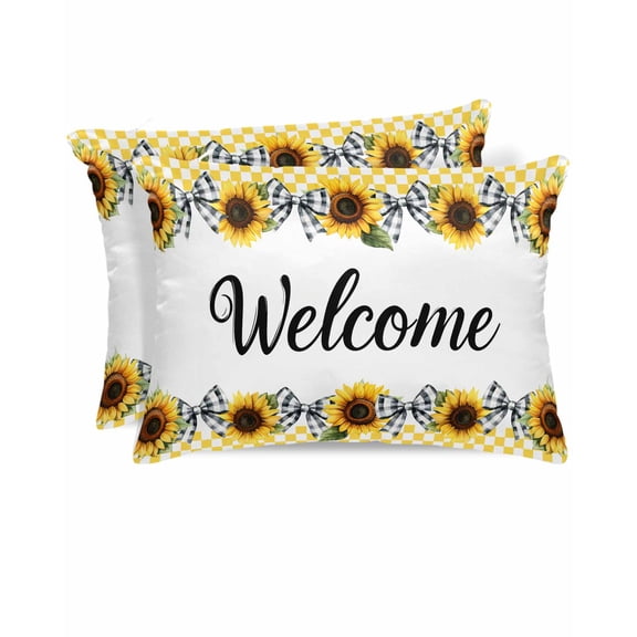 Hokiten Pillow Cases Queen Size Set of 2, Couch Pillow Covers, Spring Sunflower Satin Pillowcases with Zipper for Hair/Skin, Pillow Protector Cover, Yellow Plaid Bows Country Rustic 20x30 Inches