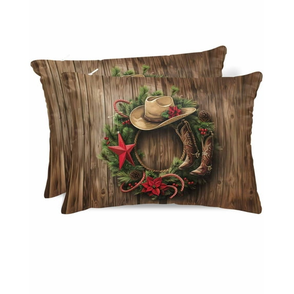Hokiten Pillow Cases Queen Size Set of 2, Couch Pillow Covers, Western Christmas Satin Pillowcases with Zipper for Hair/Skin, Pillow Protector Cover, Vintage Xmas Botanical Wreath 20x30 Inches