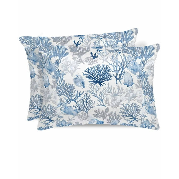 Hokiten Pillow Cases Standard Size Set of 2, Lumbar Pillow Covers, Blue Coastal Satin Pillowcases with Zipper for Hair/Skin, Pillow Protector Cover, Nautical Coral Shell Summer 20x26 Inches