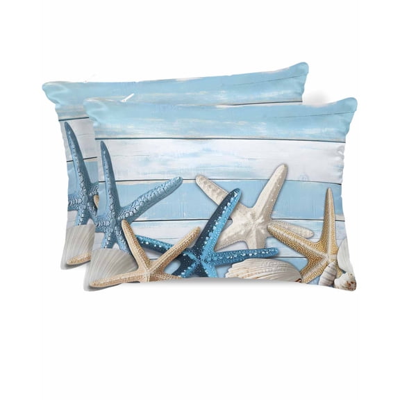 Hokiten Pillow Cases Standard Size Set of 2, Lumbar Pillow Covers, Blue Coastal Starfish Satin Pillowcases with Zipper for Hair/Skin, Summer Ocean Shells Wooden Grain 20x26 Inches