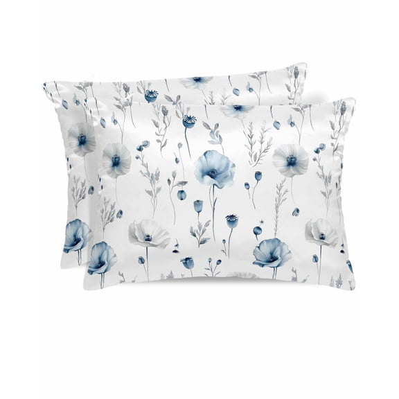 Hokiten Pillow Cases Standard Size Set of 2, Lumbar Pillow Covers, Blue Flowers Satin Pillowcases with Zipper for Hair/Skin, Spring Botanical Florals Herbs Simple 20x26 Inches