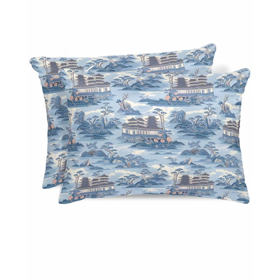 Hokiten Pillow Cases Standard Size Set of 2, Lumbar Pillow Covers, Blue Garden Satin Pillowcases with Zipper for Hair/Skin, Pillow Protector Cover, Modern Art Building Rock Landscape 20x26 Inches