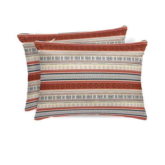 Hokiten Pillow Cases Standard Size Set of 2, Lumbar Pillow Covers, Brown Ethnic Boho Satin Pillowcases with Zipper for Hair/Skin, Modern Stripes Geometric Abstract 20x26 Inches