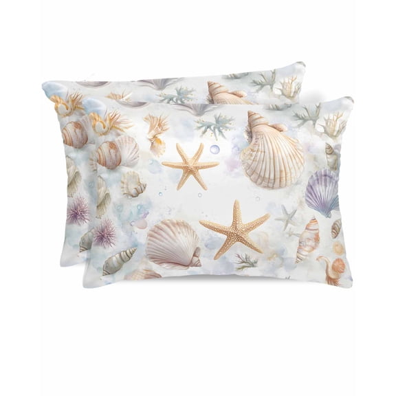 Hokiten Pillow Cases Standard Size Set of 2, Lumbar Pillow Covers, Coastal Shell Conch Satin Pillowcases with Zipper for Hair/Skin, Pillow Protector Cover, Summer Beach Starfish Ocean 20x26 Inches
