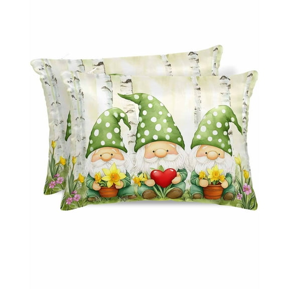 Hokiten Pillow Cases Standard Size Set of 2, Lumbar Pillow Covers, Cute Green Gnomes Satin Pillowcases with Zipper for Hair/Skin, Pillow Protector Cover, Flowers Forest Heart Vintage 20x26 Inches