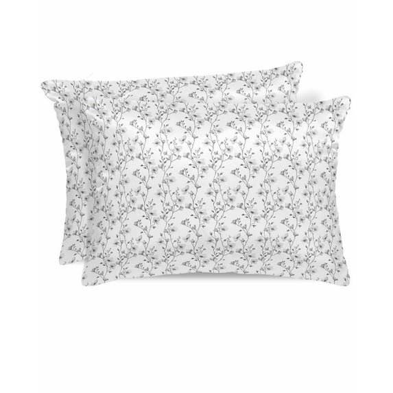 Hokiten Pillow Cases Standard Size Set of 2, Lumbar Pillow Covers, Grey Floral Satin Pillowcases with Zipper for Hair/Skin, Retro Tree Branches Botanical Plant Spring 20x26 Inches
