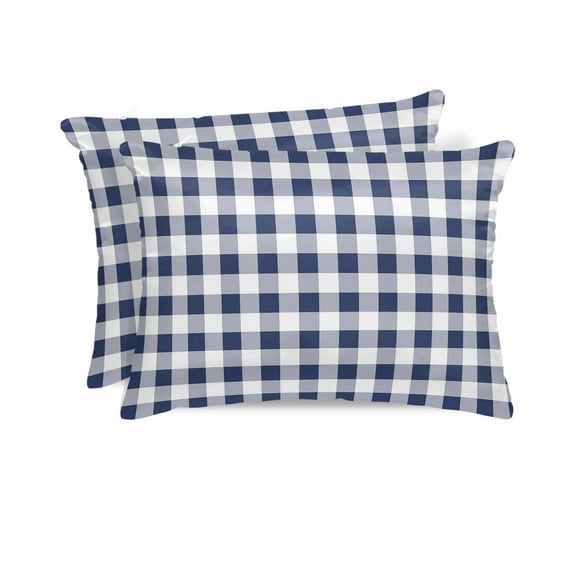 Hokiten Pillow Cases Standard Size Set of 2, Lumbar Pillow Covers, Navy Blue White Plaid Satin Pillowcases with Zipper for Hair/Skin, Pillow Protector Cover, Farmhouse Checkered Buffalo 20x26 Inches