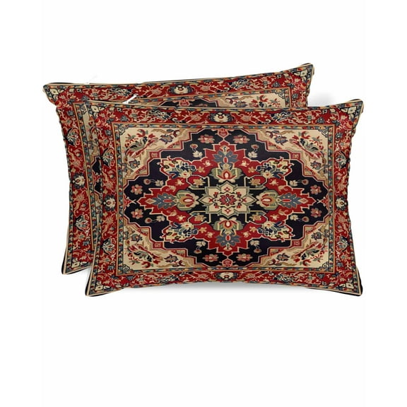 Hokiten Pillow Cases Standard Size Set of 2, Lumbar Pillow Covers, Red Boho Satin Pillowcases with Zipper for Hair/Skin, Contemporary Abstract Ethnic Retro Geometric 20x26 Inches